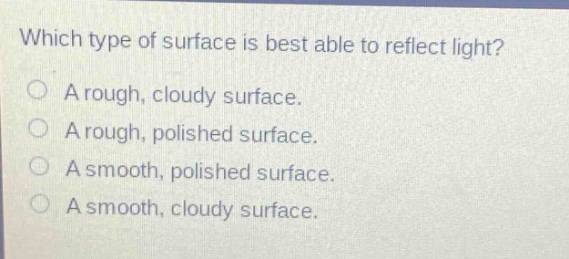 which type of surface is best able to reflect light? a rough, cloudy surface. a rough, polished surface. a smooth, polished surface. a smooth, cloudy surface.
