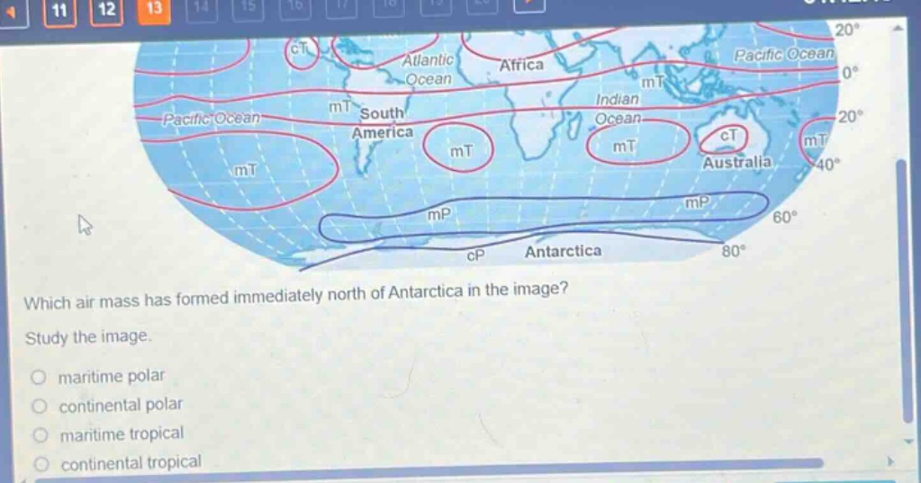 which air mass has formed immediately north of antarctica in the image? study the image. maritime polar continental polar maritime tropical continental tropical