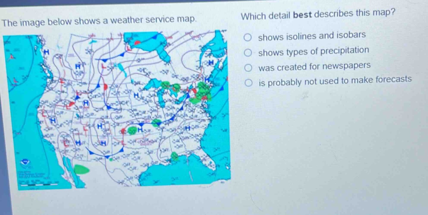 the image below shows a weather service map. which detail best describes this map? shows isolines and isobars shows types of precipitation was created for newspapers is probably not used to make forecasts
