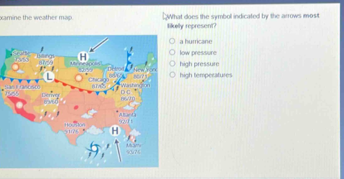 examine the weather map. what does the symbol indicated by the arrows most likely represent? a hurricane low pressure high pressure high temperatures