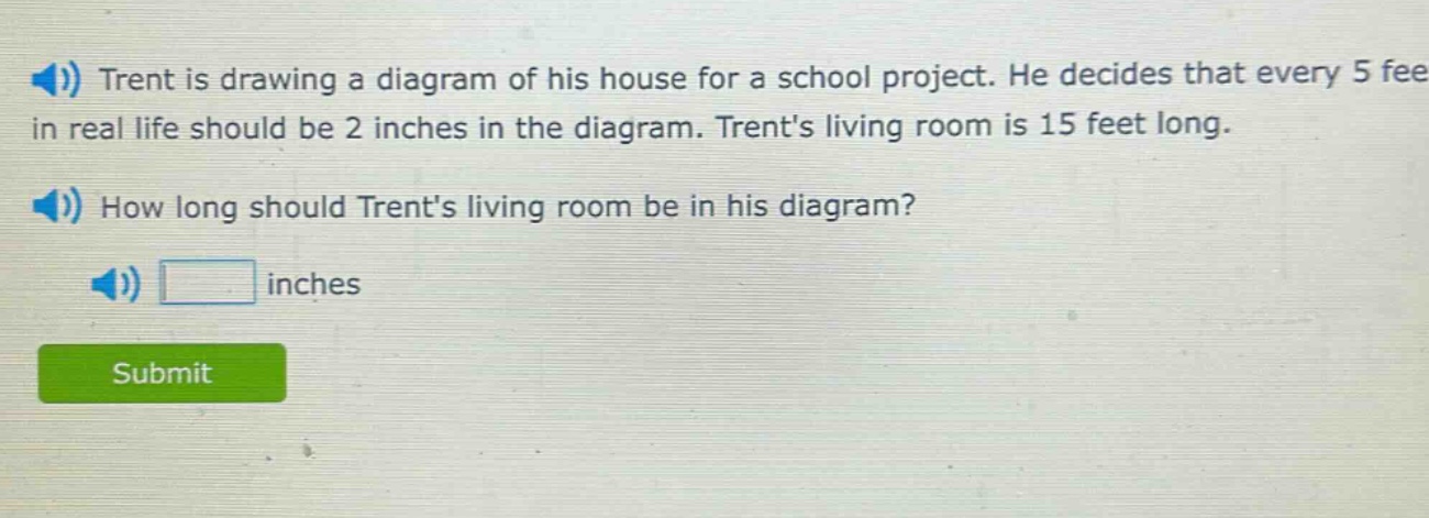 trent is drawing a diagram of his house for a school project. he decides that every 5 feet in real life should be 2 inches in the diagram. trents living room is 15 feet long. how long should trents living room be in his diagram? inches