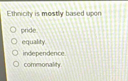 ethnicity is mostly based upon\npride.\nequality.\nindependence.\ncommonality.