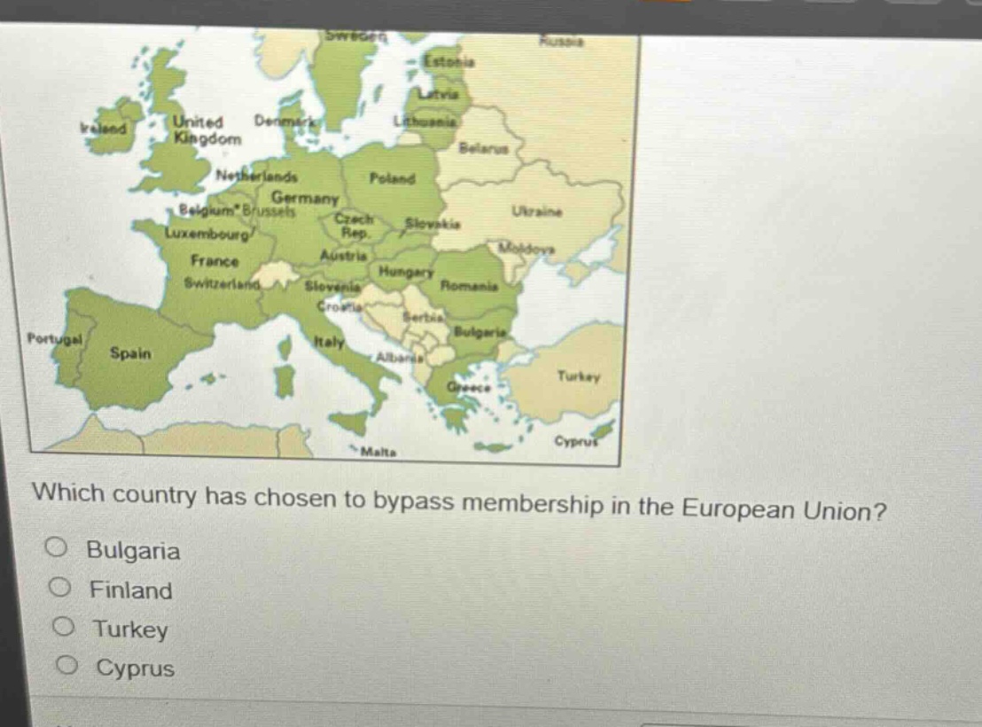 which country has chosen to bypass membership in the european union?\n○ bulgaria\n○ finland\n○ turkey\n○ cyprus