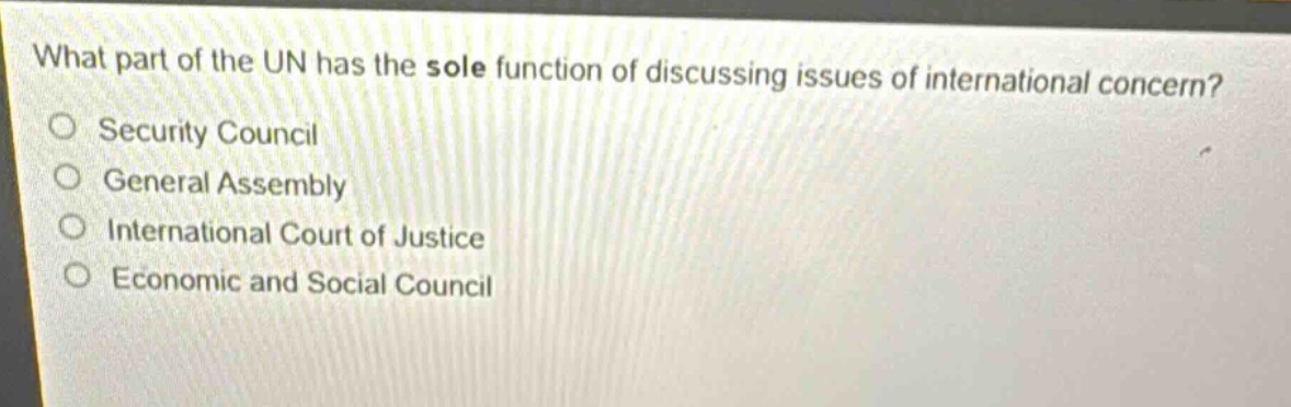 what part of the un has the sole function of discussing issues of international concern?\nsecurity council\ngeneral assembly\ninternational court of justice\neconomic and social council