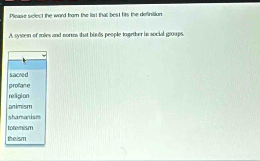 please select the word from the list that best fits the definition. a system of roles and norms that binds people together in social groups. sacred profane religion animism shamanism totemism theism