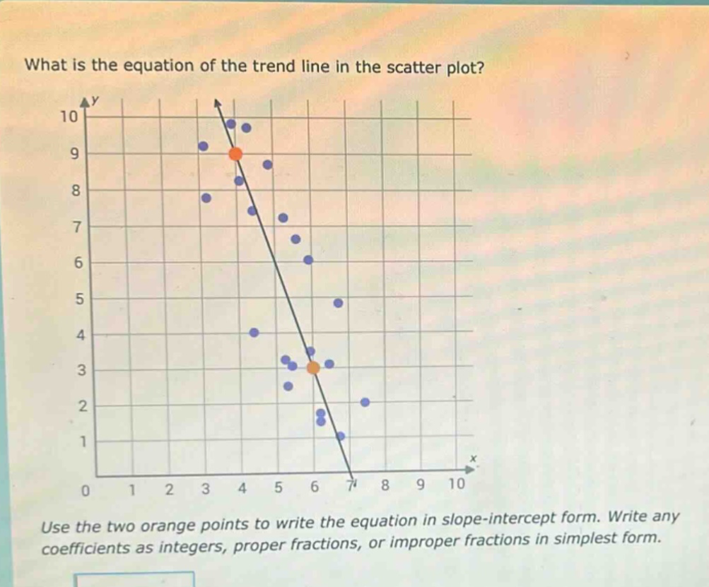 what is the equation of the trend line in the scatter plot? use the two orange points to write the equation in slope - intercept form. write any coefficients as integers, proper fractions, or improper fractions in simplest form.