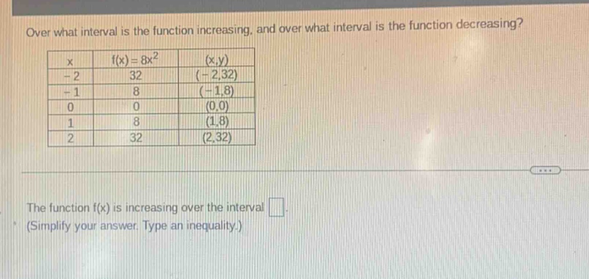 over what interval is the function increasing, and over what interval is the function decreasing?\n|x|f(x)=8x²|(x,y)|\n|-2|32|(-2,32)|\n|-1|8|(-1,8)|\n|0|0|(0,0)|\n|1|8|(1,8)|\n|2|32|(2,32)|\nthe function f(x) is increasing over the interval . (simplify your answer. type an inequality.)