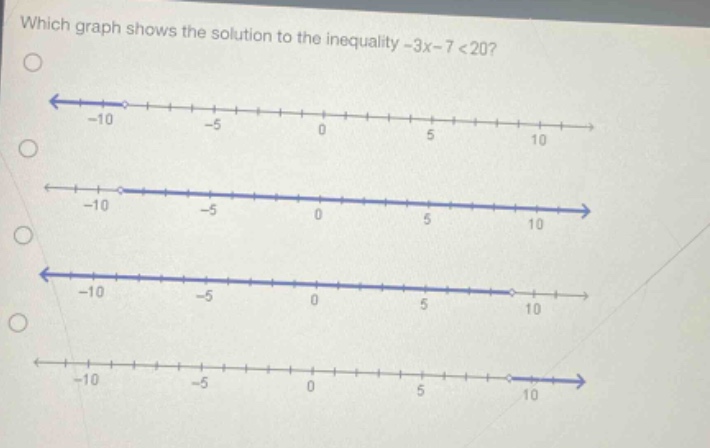 which graph shows the solution to the inequality -3x - 7 < 20?