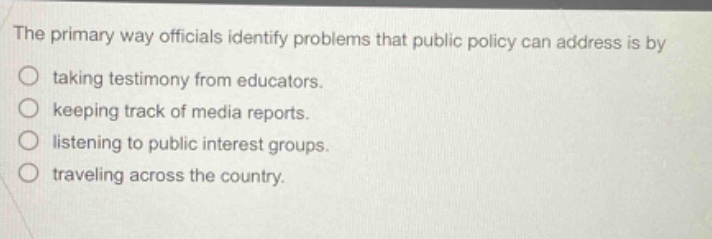 the primary way officials identify problems that public policy can address is by taking testimony from educators. keeping track of media reports. listening to public interest groups. traveling across the country.