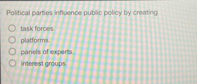 political parties influence public policy by creating\ntask forces.\nplatforms.\npanels of experts.\ninterest groups.
