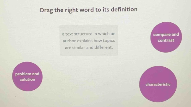 drag the right word to its definition\na text structure in which an author explains how topics are similar and different.\ncompare and contrast\nproblem and solution\ncharacteristic
