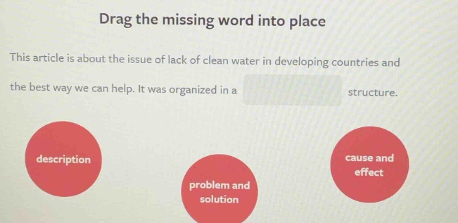 drag the missing word into place this article is about the issue of lack of clean water in developing countries and the best way we can help. it was organized in a structure. description problem and solution cause and effect