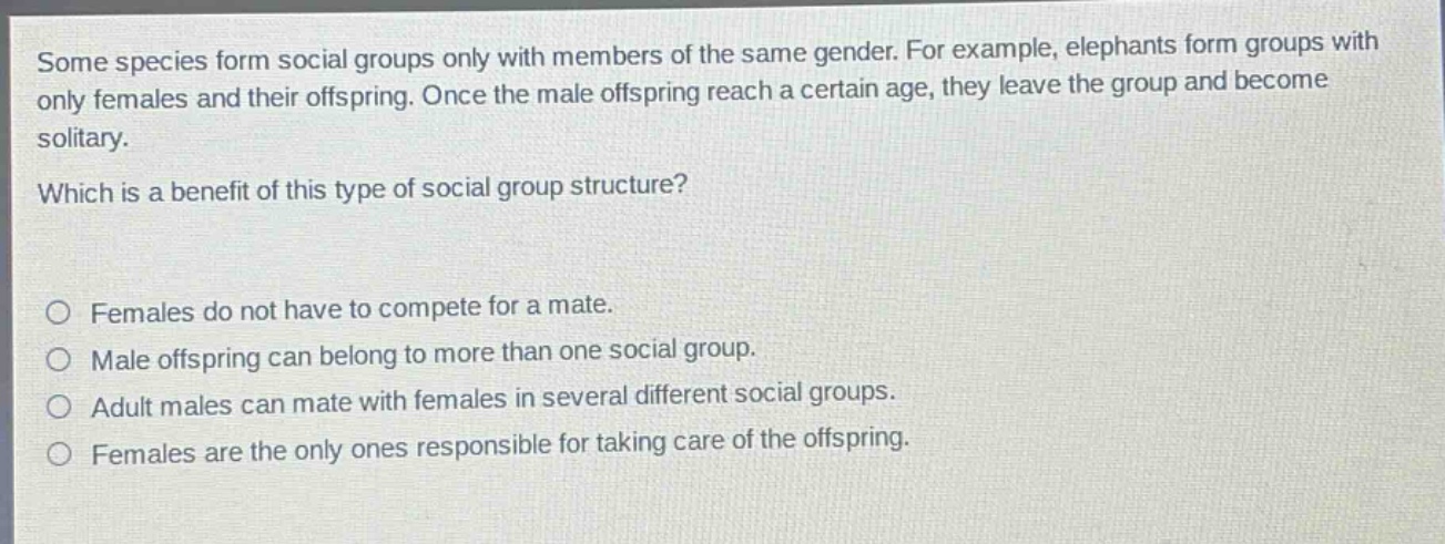 some species form social groups only with members of the same gender. for example, elephants form groups with only females and their offspring. once the male offspring reach a certain age, they leave the group and become solitary. which is a benefit of this type of social group structure? females do not have to compete for a mate. male offspring can belong to more than one social group. adult males can mate with females in several different social groups. females are the only ones responsible for taking care of the offspring.