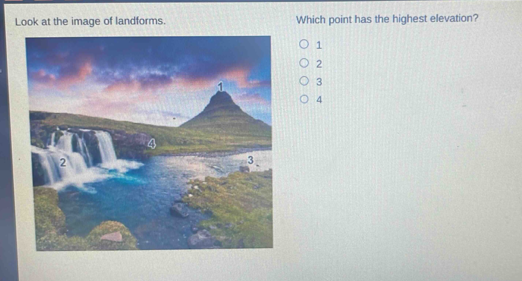look at the image of landforms. which point has the highest elevation? 1 2 3 4