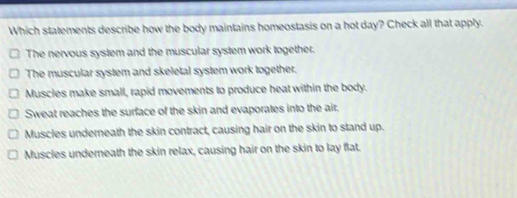 which statements describe how the body maintains homeostasis on a hot day? check all that apply. the nervous system and the muscular system work together. the muscular system and skeletal system work together. muscles make small, rapid movements to produce heat within the body. sweat reaches the surface of the skin and evaporates into the air. muscles underneath the skin contract, causing hair on the skin to stand up. muscles underneath the skin relax, causing hair on the skin to lay flat.