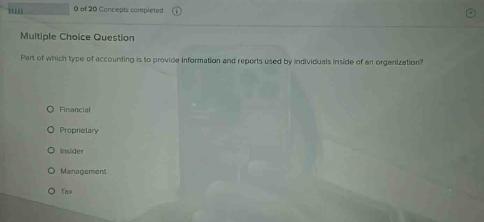multiple choice question part of which type of accounting is to provide information and reports used by individuals inside of an organization? o financial o proprietary o insider o management o tax
