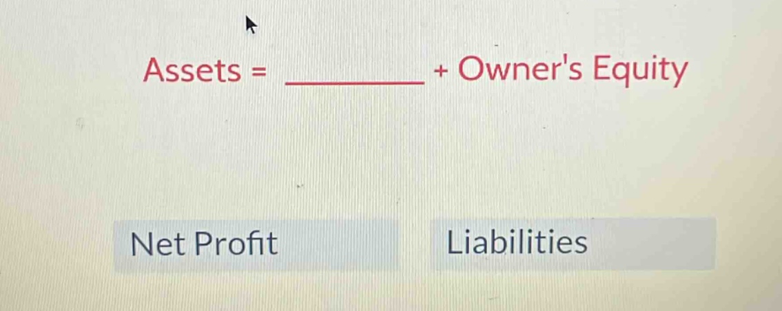 assets = __________ + owners equity net profit liabilities