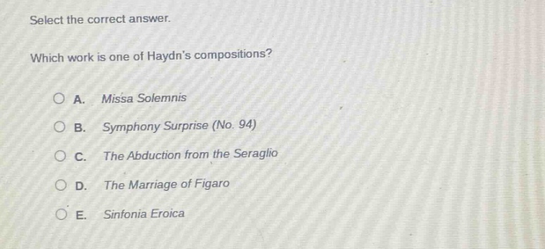 select the correct answer. which work is one of haydns compositions? a. missa solemnis b. symphony surprise (no. 94) c. the abduction from the seraglio d. the marriage of figaro e. sinfonia eroica