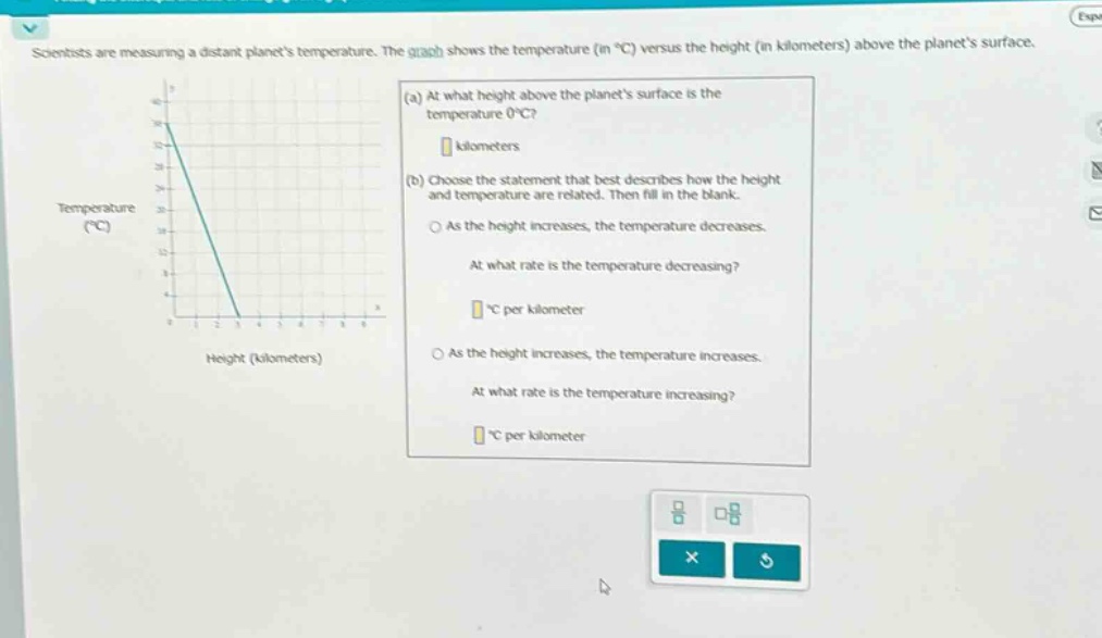 scientists are measuring a distant planets temperature. the graph shows the temperature (in °c) versus the height (in kilometers) above the planets surface. (a) at what height above the planets surface is the temperature 0°c? kilometers (b) choose the statement that best describes how the height and temperature are related. then fill in the blank. as the height increases, the temperature decreases. at what rate is the temperature decreasing? °c per kilometer as the height increases, the temperature increases. at what rate is the temperature increasing? °c per kilometer