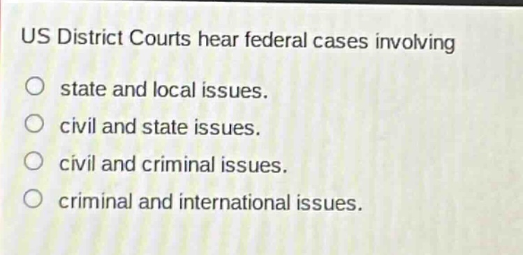 us district courts hear federal cases involving\no state and local issues.\no civil and state issues.\no civil and criminal issues.\no criminal and international issues.