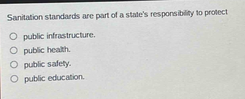 sanitation standards are part of a states responsibility to protect\npublic infrastructure.\npublic health.\npublic safety.\npublic education.