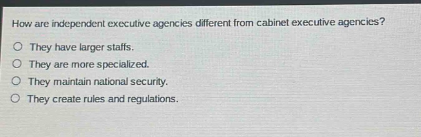 how are independent executive agencies different from cabinet executive agencies?\nthey have larger staffs.\nthey are more specialized.\nthey maintain national security.\nthey create rules and regulations.