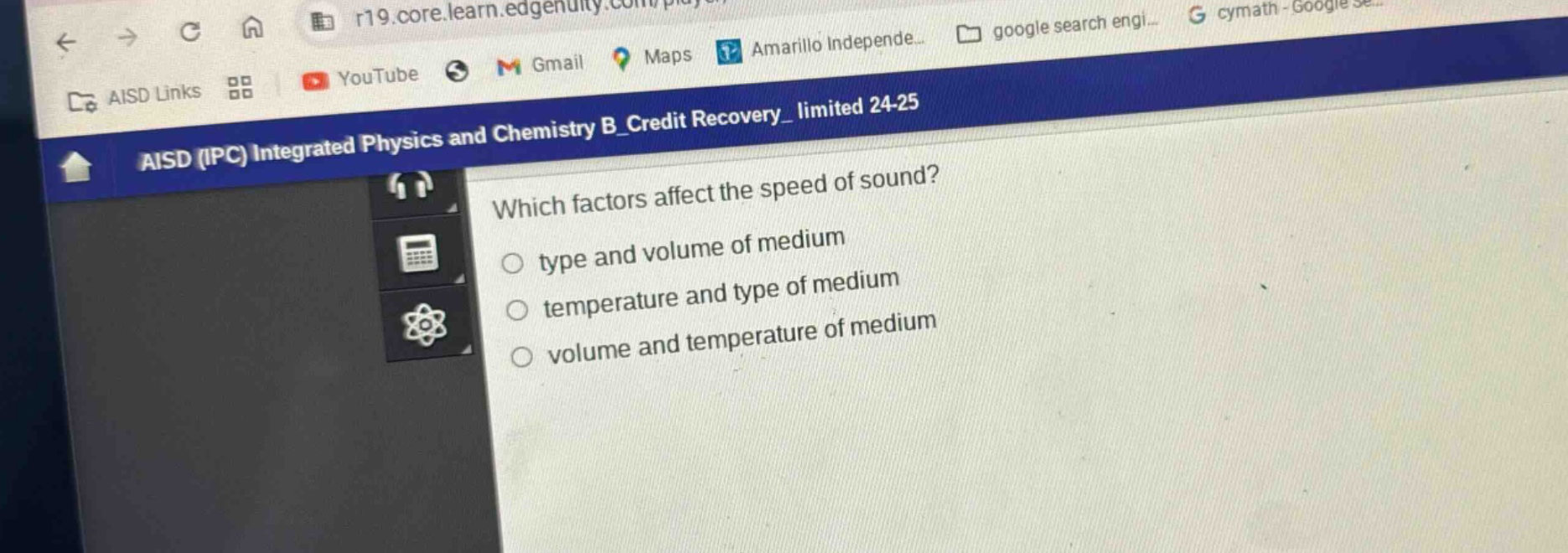 which factors affect the speed of sound? type and volume of medium temperature and type of medium volume and temperature of medium