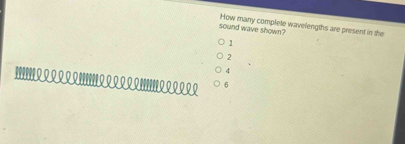how many complete wavelengths are present in the sound wave shown?\no 1\no 2\no 4\no 6