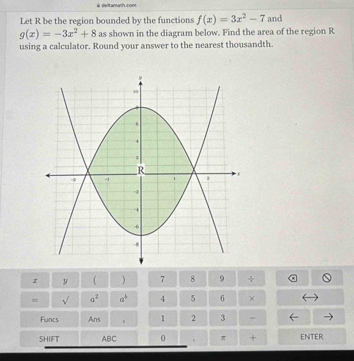let r be the region bounded by the functions f(x)=3x² - 7 and g(x)= - 3x² + 8 as shown in the diagram below. find the area of the region r using a calculator. round your answer to the nearest thousandth.