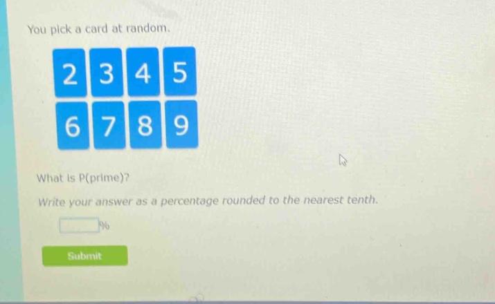 you pick a card at random. what is p(prime)? write your answer as a percentage rounded to the nearest tenth.