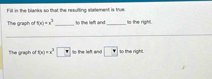 fill in the blanks so that the resulting statement is true. the graph of f(x)=x³ ______ to the left and ______ to the right. the graph of f(x)=x³ to the left and to the right.