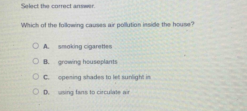 select the correct answer. which of the following causes air pollution inside the house? a. smoking cigarettes b. growing houseplants c. opening shades to let sunlight in d. using fans to circulate air