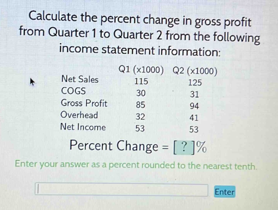 calculate the percent change in gross profit from quarter 1 to quarter 2 from the following income statement information: q1 (x1000) q2 (x1000) net sales 115 125 cogs 30 31 gross profit 85 94 overhead 32 41 net income 53 53 percent change = ?% enter your answer as a percent rounded to the nearest tenth.