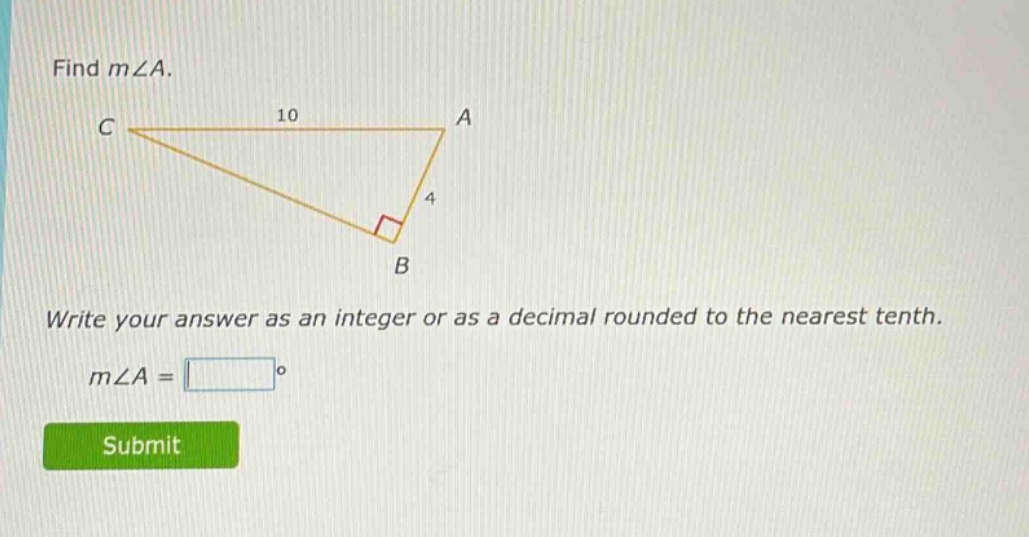find m∠a. write your answer as an integer or as a decimal rounded to the nearest tenth. m∠a = °