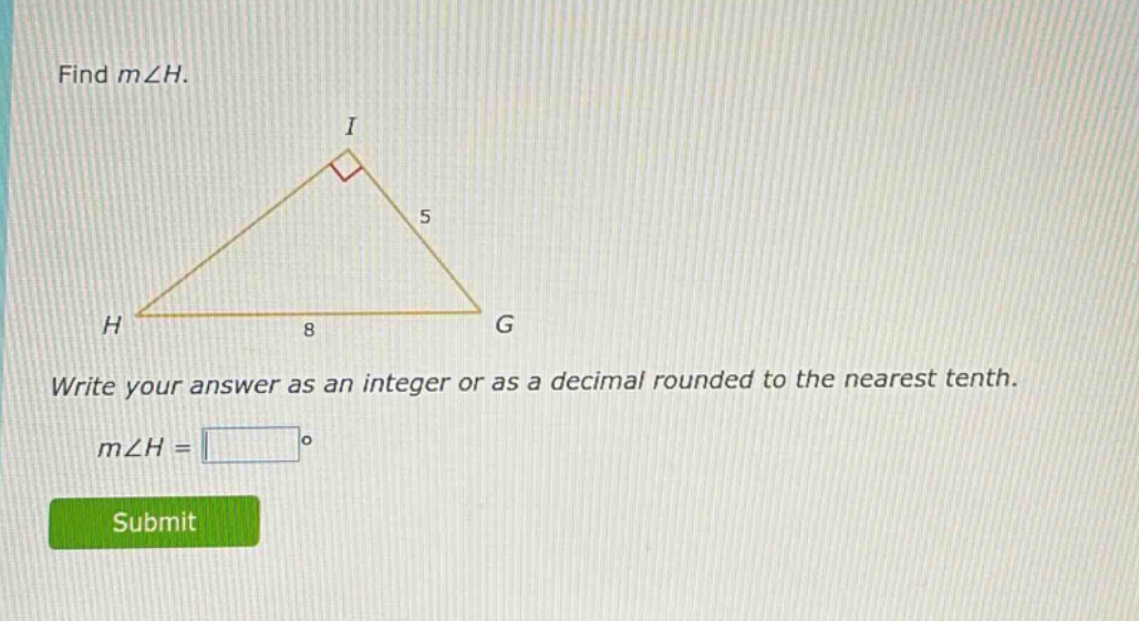 find m∠h. write your answer as an integer or as a decimal rounded to the nearest tenth. m∠h = °