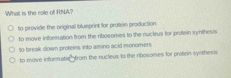 what is the role of rna?\n to provide the original blueprint for protein production\n to move information from the ribosomes to the nucleus for protein synthesis\n to break down proteins into amino acid monomers\n to move information from the nucleus to the ribosomes for protein synthesis