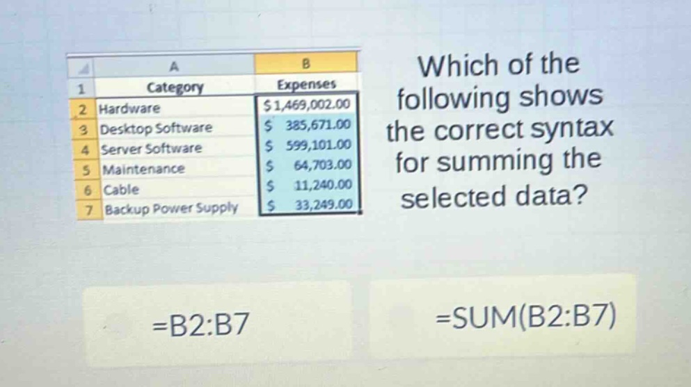 which of the following shows the correct syntax for summing the selected data? =b2:b7 =sum(b2:b7)