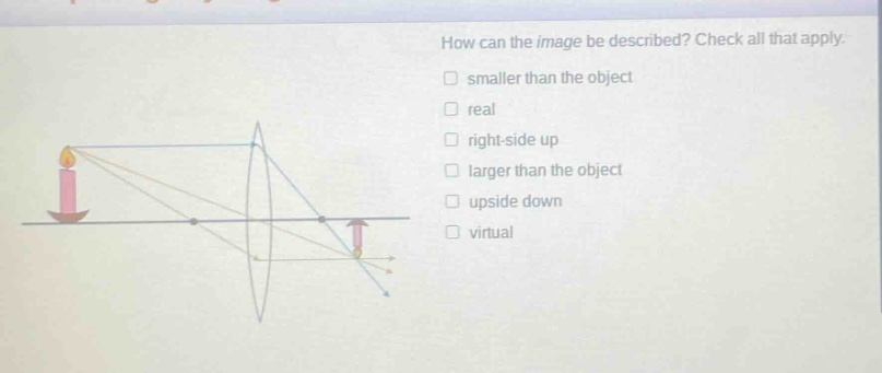 how can the image be described? check all that apply. smaller than the object real right - side up larger than the object upside down virtual
