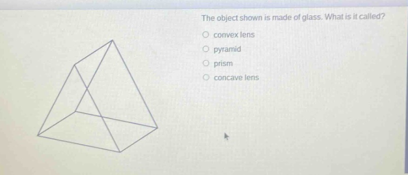 the object shown is made of glass. what is it called? convex lens pyramid prism concave lens