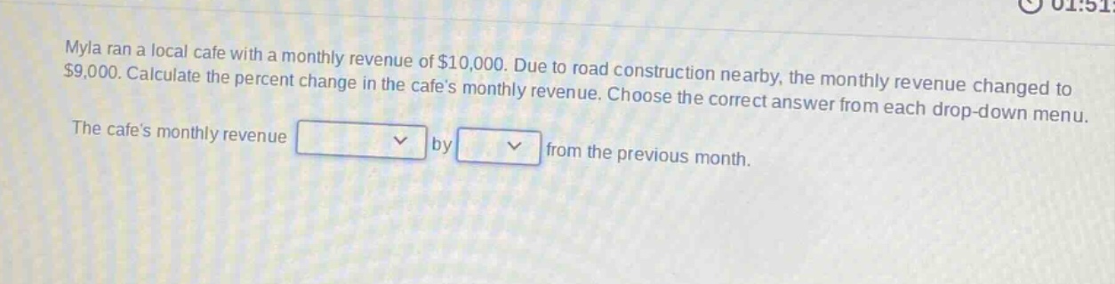 myla ran a local cafe with a monthly revenue of $10,000. due to road construction nearby, the monthly revenue changed to $9,000. calculate the percent change in the cafes monthly revenue. choose the correct answer from each drop - down menu. the cafes monthly revenue by from the previous month.