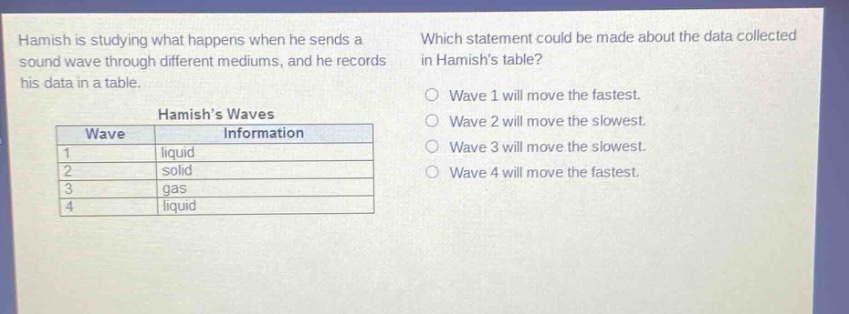 hamish is studying what happens when he sends a sound wave through different mediums, and he records his data in a table. which statement could be made about the data collected in hamishs table? hamishs waves information wave 1 liquid 2 solid 3 gas 4 liquid wave 1 will move the fastest. wave 2 will move the slowest. wave 3 will move the slowest. wave 4 will move the fastest.