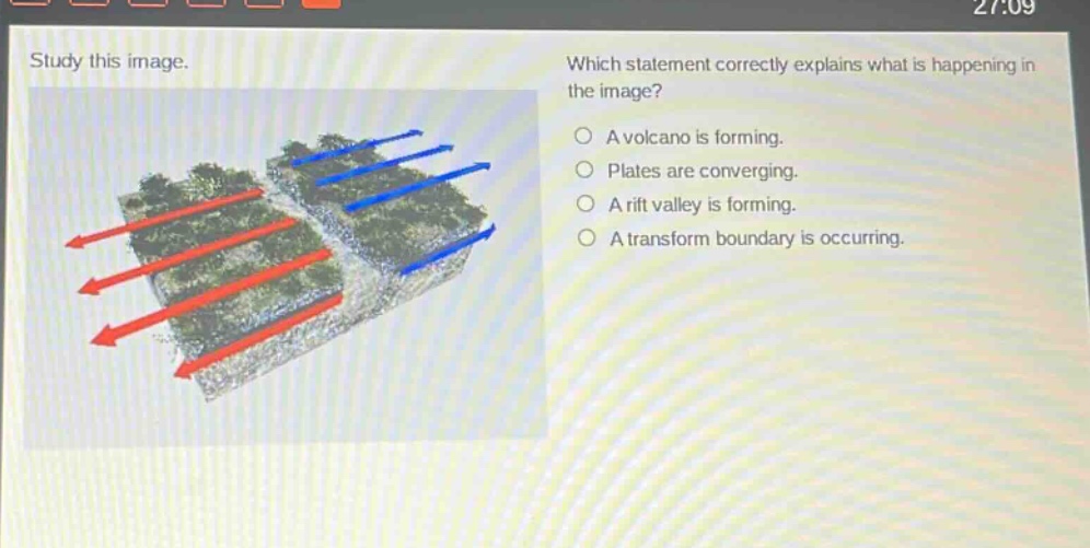 study this image. which statement correctly explains what is happening in the image? a volcano is forming. plates are converging. a rift valley is forming. a transform boundary is occurring.