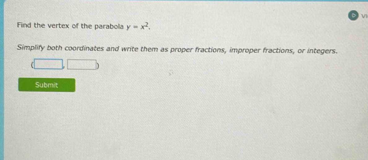 find the vertex of the parabola y = x². simplify both coordinates and write them as proper fractions, improper fractions, or integers.