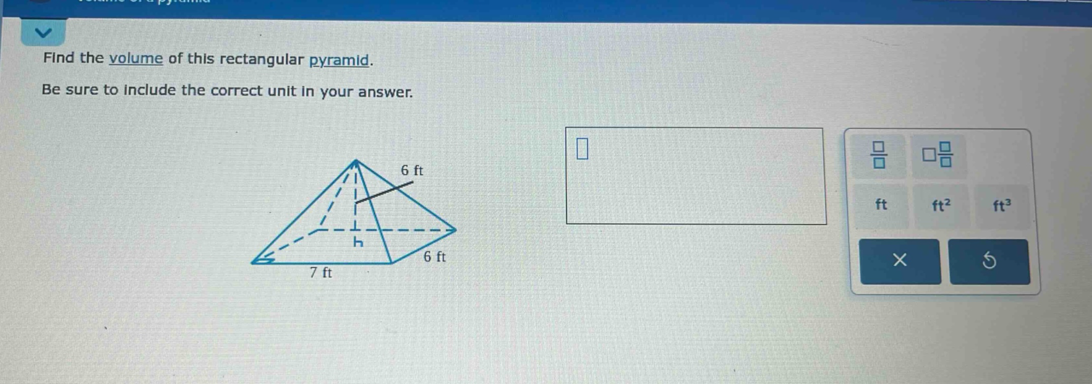 find the volume of this rectangular pyramid. be sure to include the correct unit in your answer.