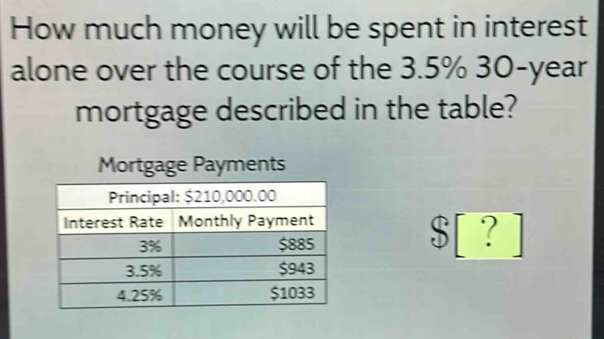 how much money will be spent in interest alone over the course of the 3.5% 30 - year mortgage described in the table? mortgage payments principal: $210,000.00 interest rate monthly payment 3% $885 3.5% $943 4.25% $1033