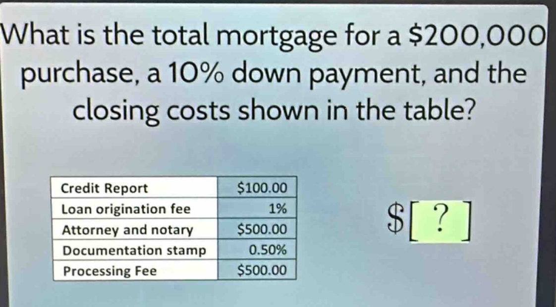 what is the total mortgage for a $200,000 purchase, a 10% down payment, and the closing costs shown in the table? credit report $100.00 loan origination fee 1% attorney and notary $500.00 documentation stamp 0.50% processing fee $500.00