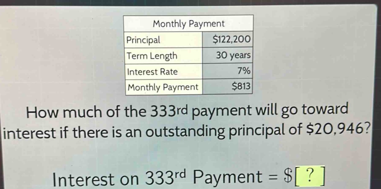 monthly payment\nprincipal $122,200\nterm length 30 years\ninterest rate 7%\nmonthly payment $813\nhow much of the 333rd payment will go toward interest if there is an outstanding principal of $20,946?\ninterest on 333rd payment = $?