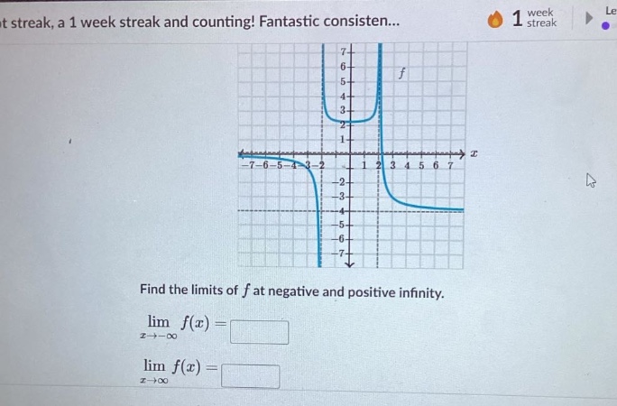 find the limits of f at negative and positive infinity. lim f(x) = x→−∞ lim f(x) = x→∞