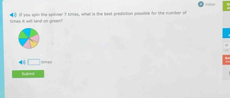 if you spin the spinner 7 times, what is the best prediction possible for the number of times it will land on green? times