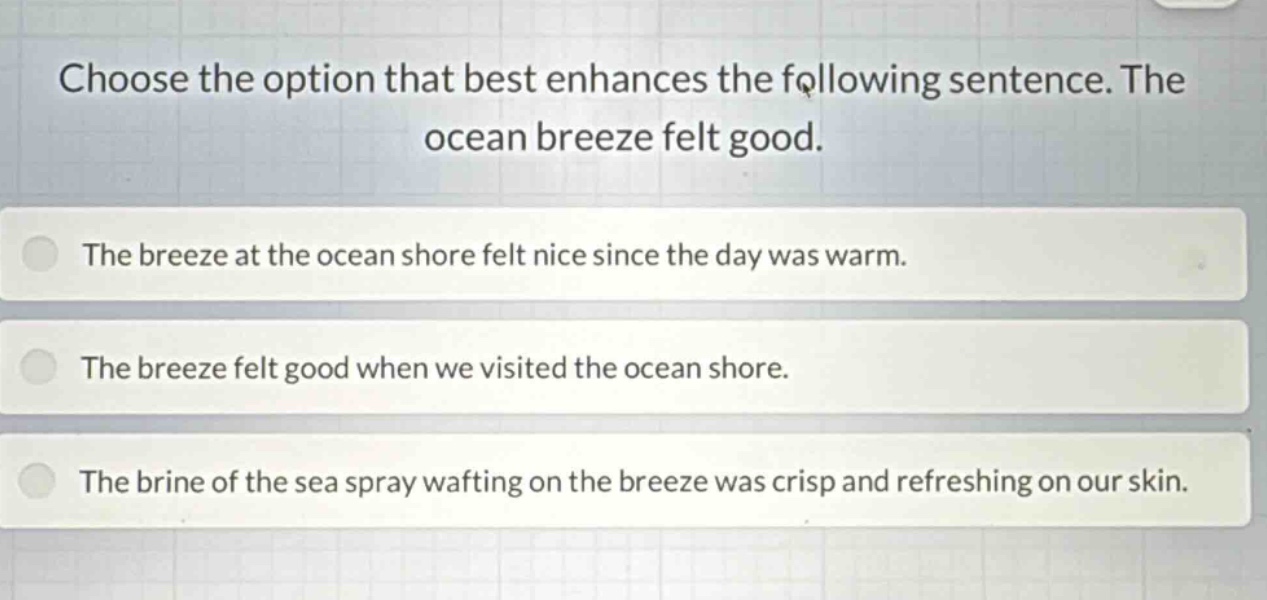 choose the option that best enhances the following sentence. the ocean breeze felt good. the breeze at the ocean shore felt nice since the day was warm. the breeze felt good when we visited the ocean shore. the brine of the sea spray wafting on the breeze was crisp and refreshing on our skin.